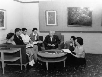 Students with Dr. Ludwig Lewisohn, J.M. Kaplan Professor Comparative Literature March 25, 1953